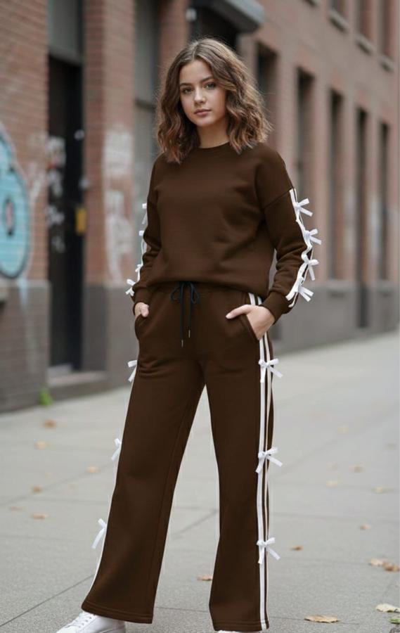 4-12 YAŞ Kahverengi beyaz fiyonklu ÜÇ İP İÇİ POLAR