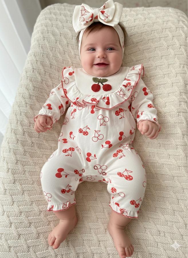 Bandanalı kırmızı kirazlı tulum