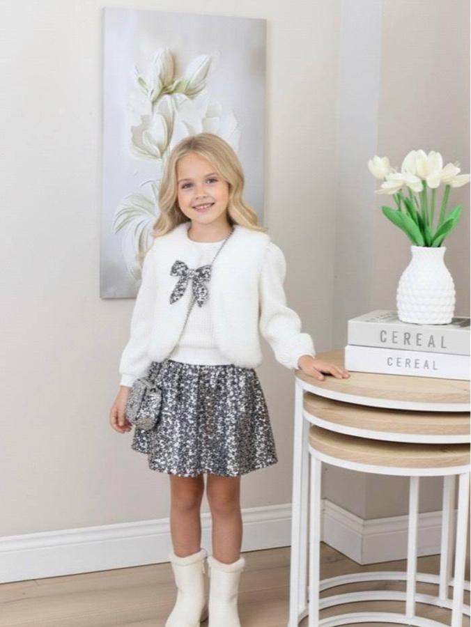 Gri pullu etekli peluş Yelekli Çantalı dörtlü takım