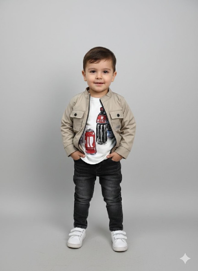 2-9 yaş Siyah kot pantolonlu  krem ceketli üçlü takım