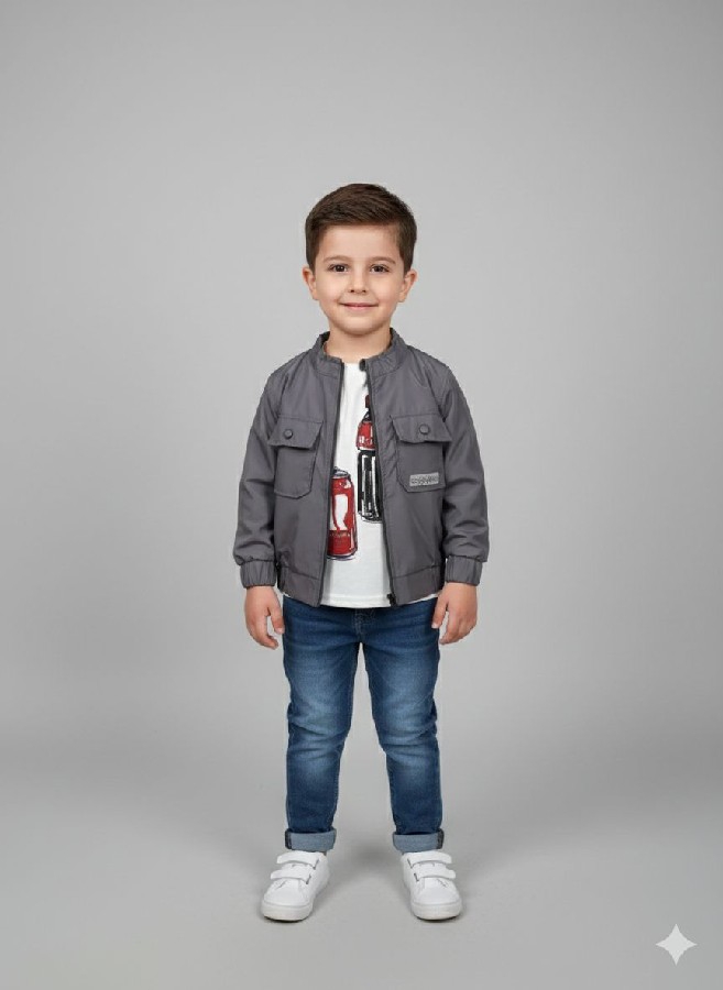 2-9yaş kot pantolonlu gri ceketli üçlü takım