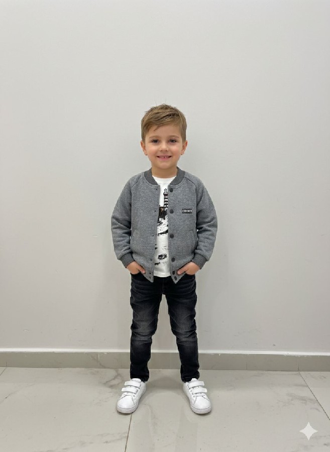 2-9 yaş gri ceketli kot pantolonlu erkek çocuk üçlü takım