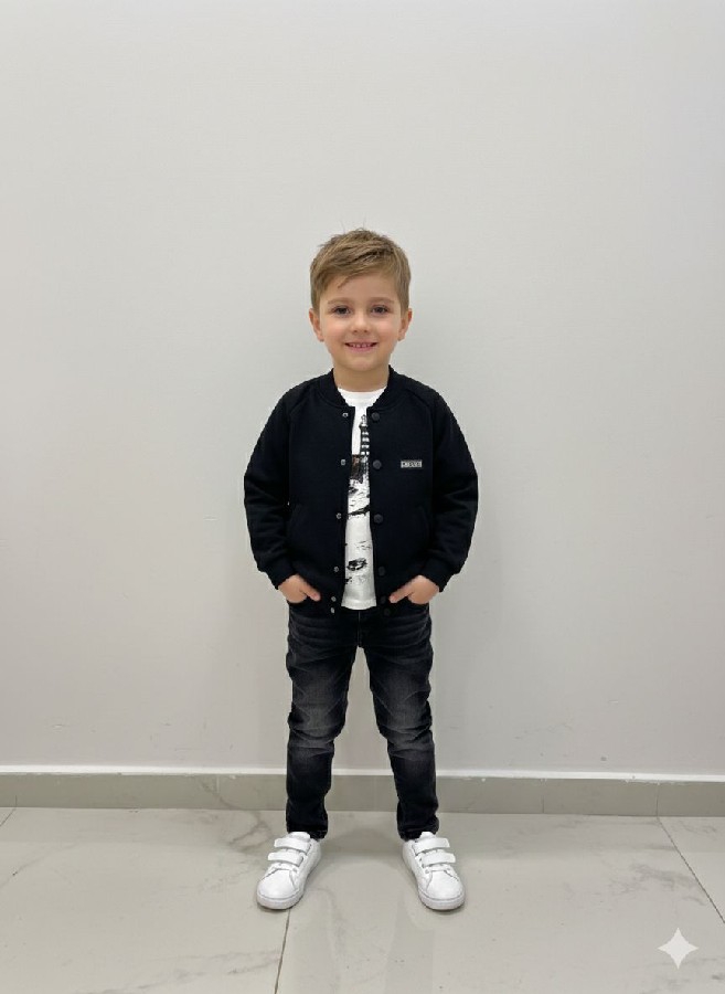 2-9 yaş siyah ceketli siyah kot pantolonlu erkek çocuk üçlü takım