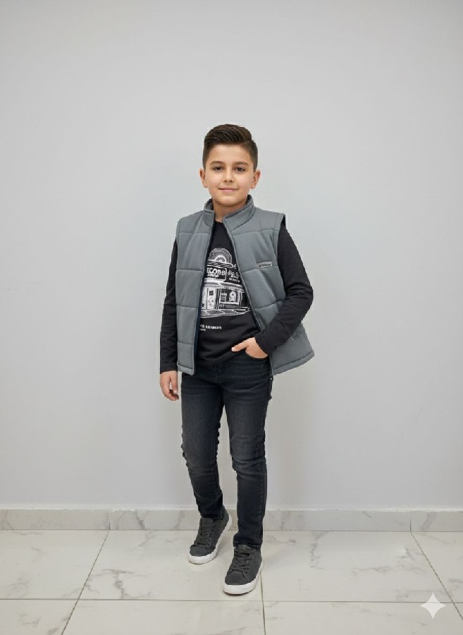 11-12 şişme yelekli siyah kot pantolonlu erkek çocuk üçlü takım