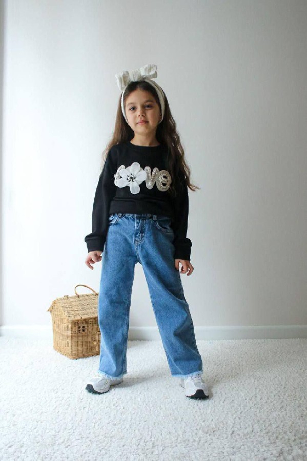 3-10 yaş love taşlı yazılı sweat kot pantolonlu kız çocuk takım