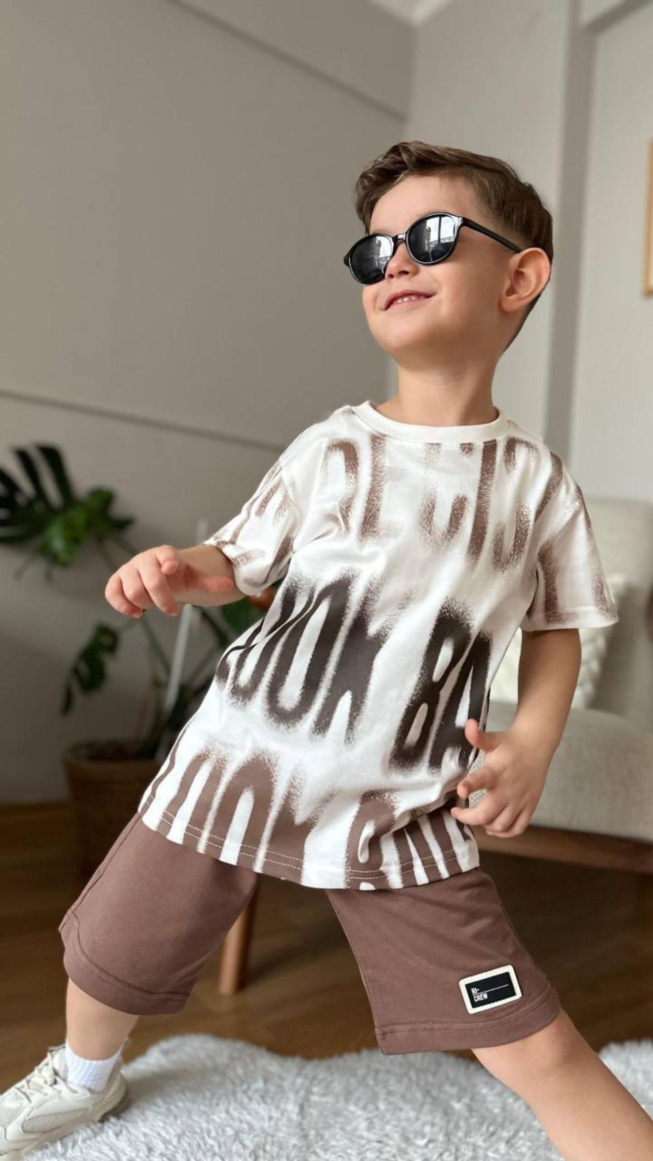 5-8 yaş arası pamuk kumaş look baskılı şortlu takım