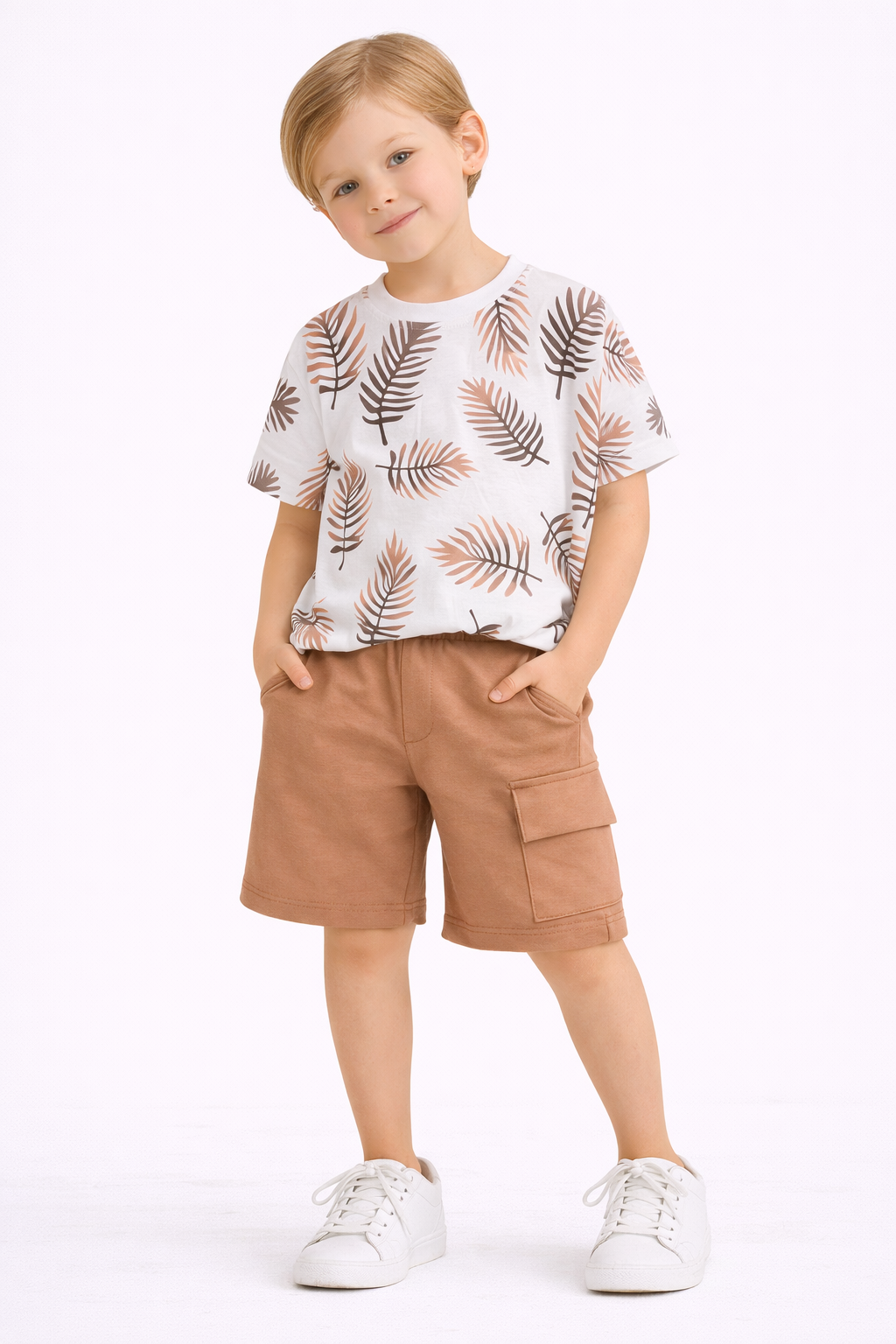 8-9 yaş yaprak desenli pamuk kumaş şortlu takım