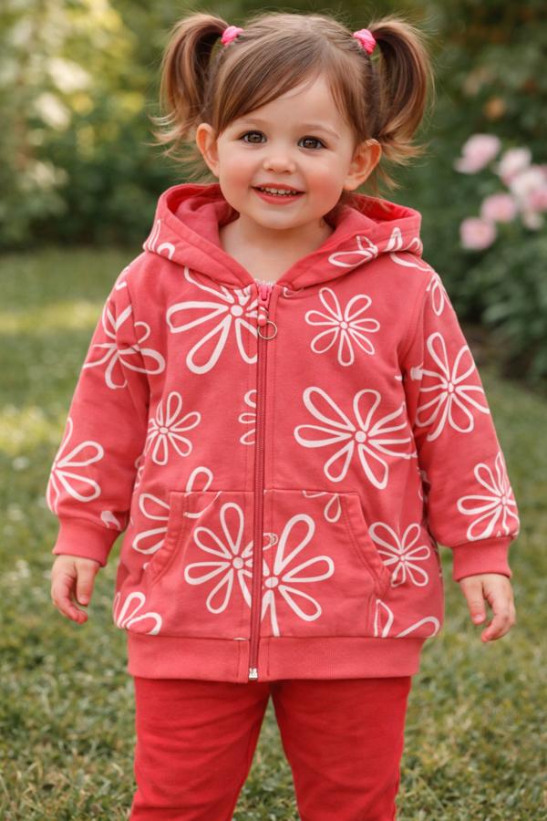 Çiçek baskılı kanguru cepli kapüşonlu kız ceket