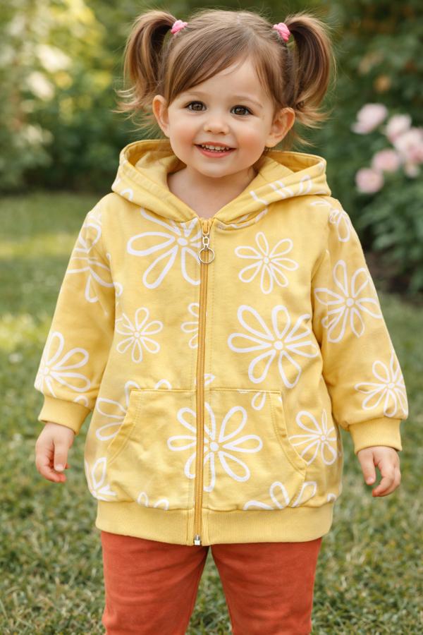 Çiçek baskılı kanguru cepli kapüşonlu sarı ceket