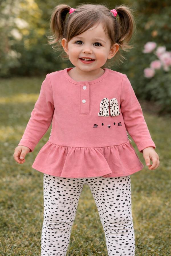 Pembe tavşan işlemeli puantiyeli tayt