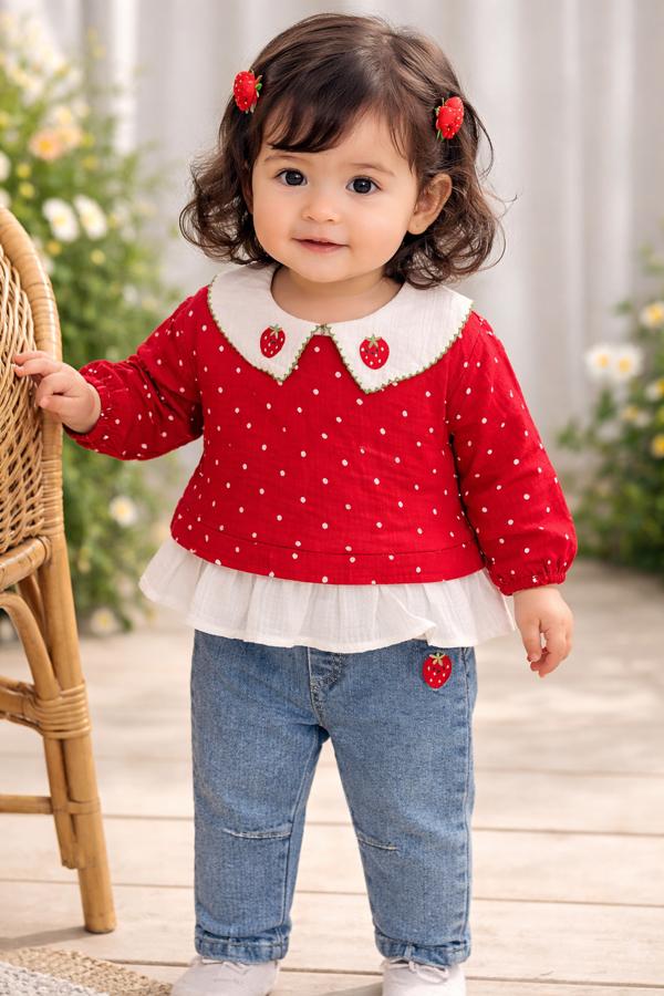 Çilek fisto yakalı kot pantolonlu takım