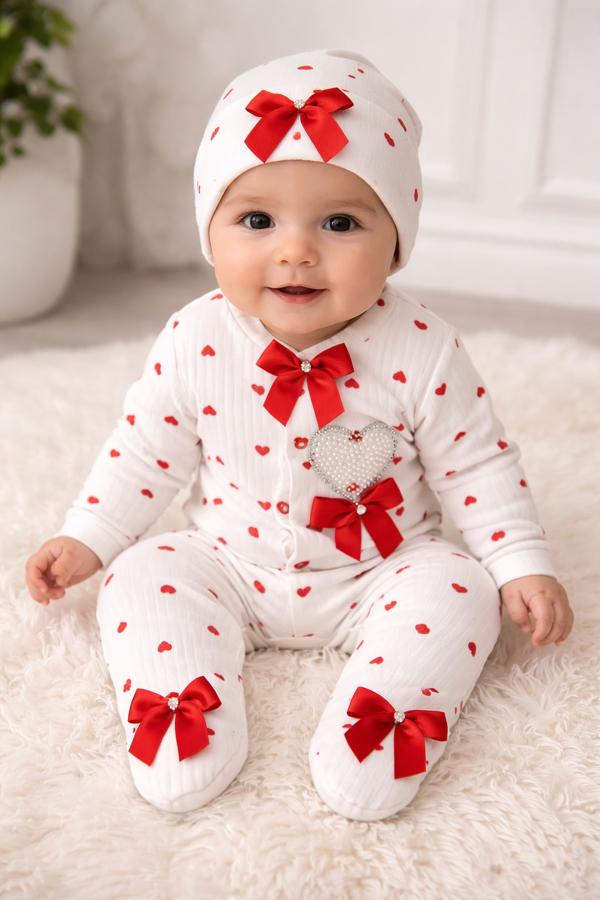 Kalp desenli fiyonk detaylı tulum