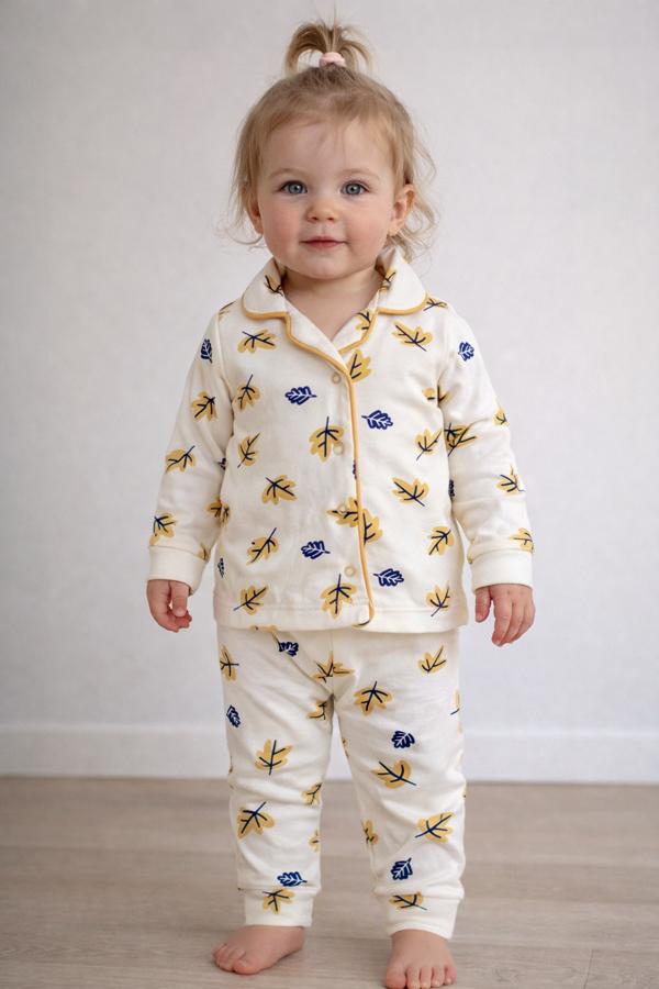 Yaprak desenli önden çıtçıtlı pijama takım