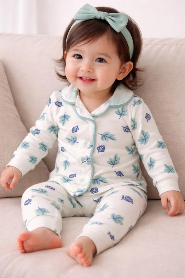 Su yeşili ekru yaprak desenli çıtçıtlı pijama takım