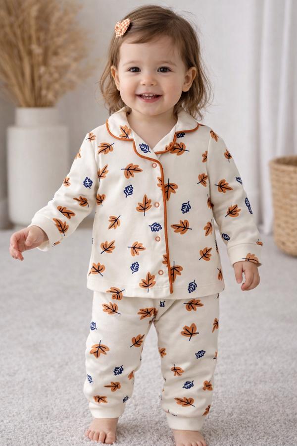 Kiremit ekru yaprak desenli pijama takım