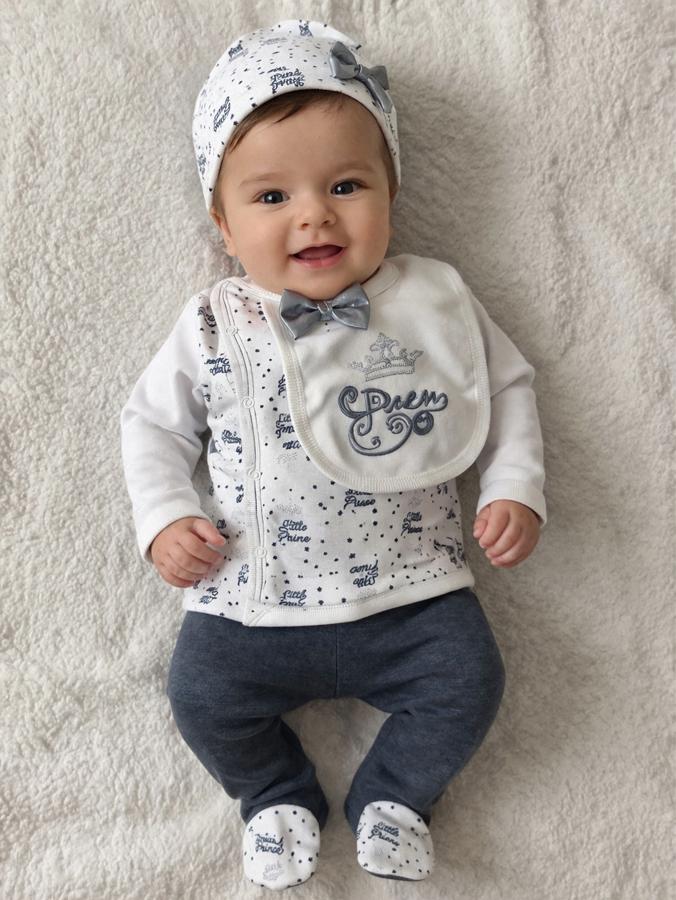 Papyonlu önlüklü ve şapkalı erkek bebek takım