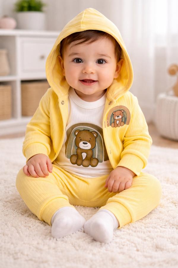 Ayı desenli kapşonlu zıbınlı takım