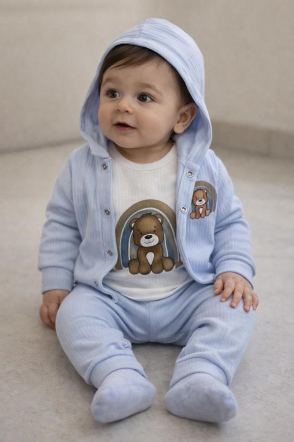 Ayı desenli kapşonlu mavi zıbın takım