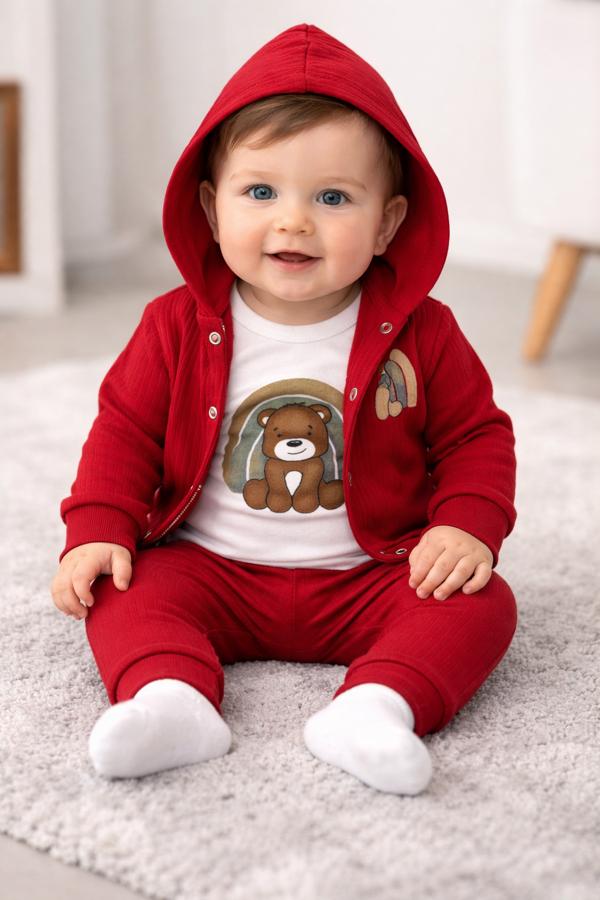 Ayı desenli kapşonlu kırmızı zıbınlı takım