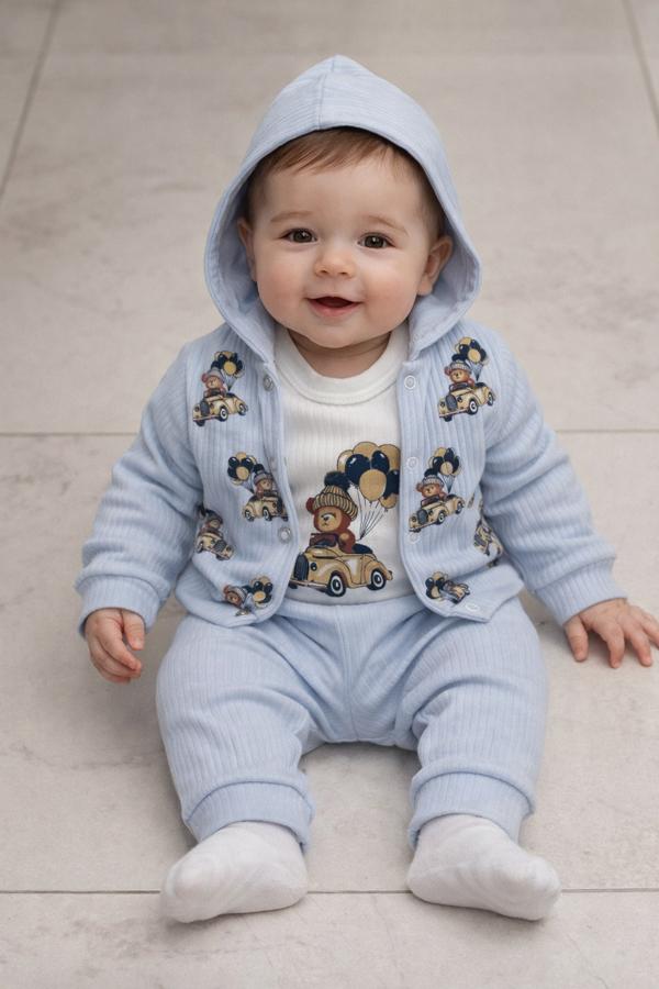 Kapşonlu zıbınlı mavi bebek takım