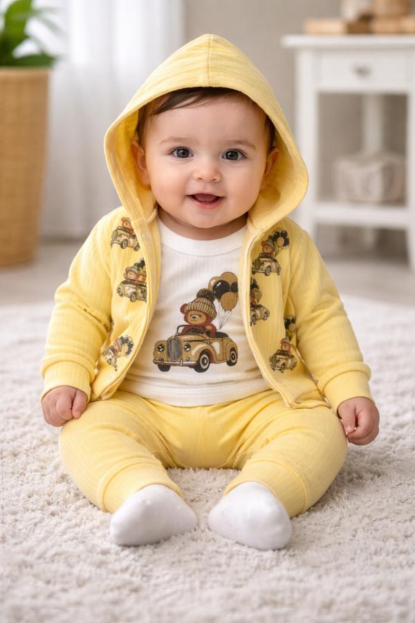 Kapşonlu ayı baskılı zıbınlı bebek takım