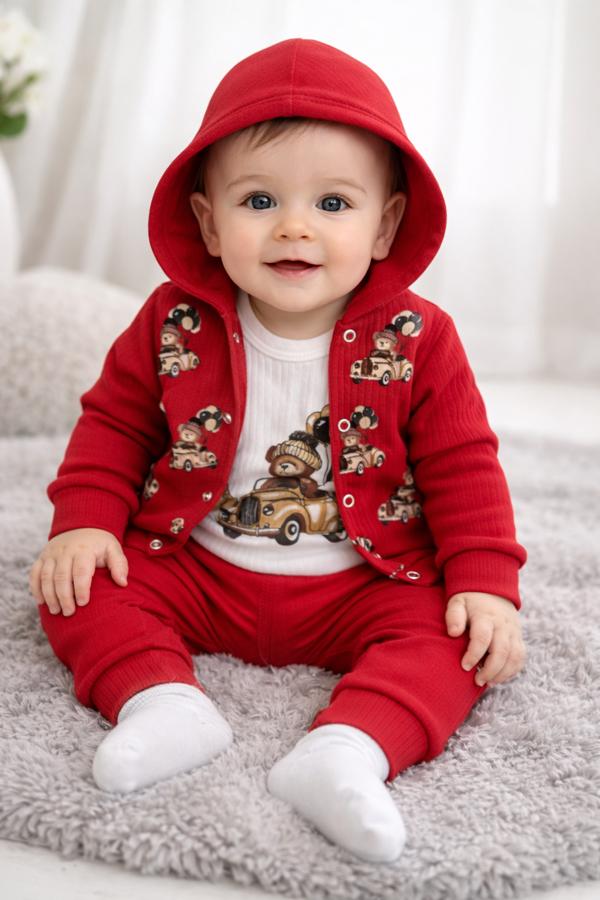 Kapşonlu ayı baskısı zıbınlı kırmızı bebek takım