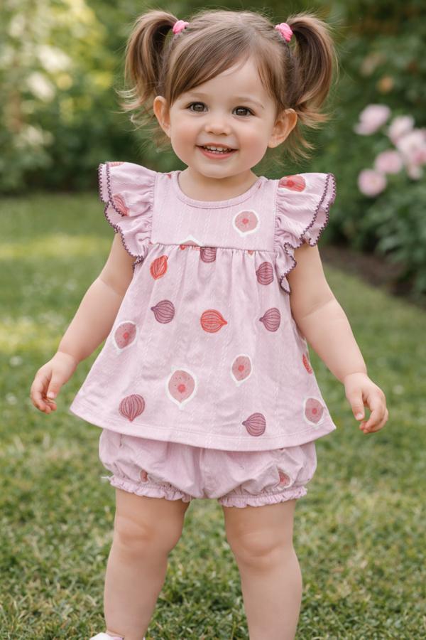 İncir desenli fırfır kollu mor şortlu takım