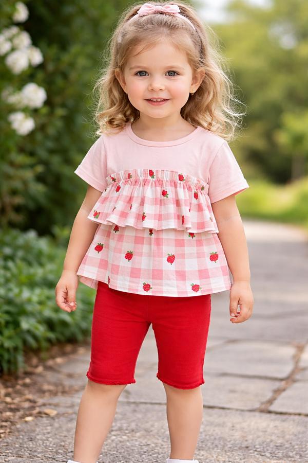 Çilek baskılı pembe  fırfırlı 2'li takım