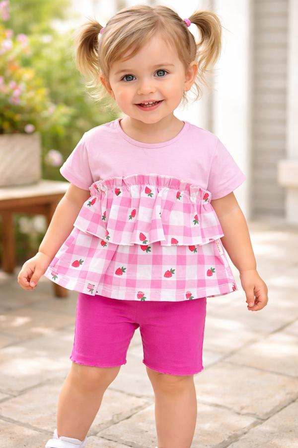 Çilek baskılı mor fırfırlı 2'li takım