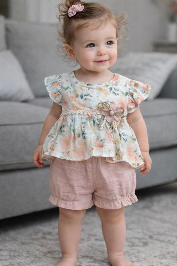 Çiçek desenli fırfırlı bluz şortlu takım