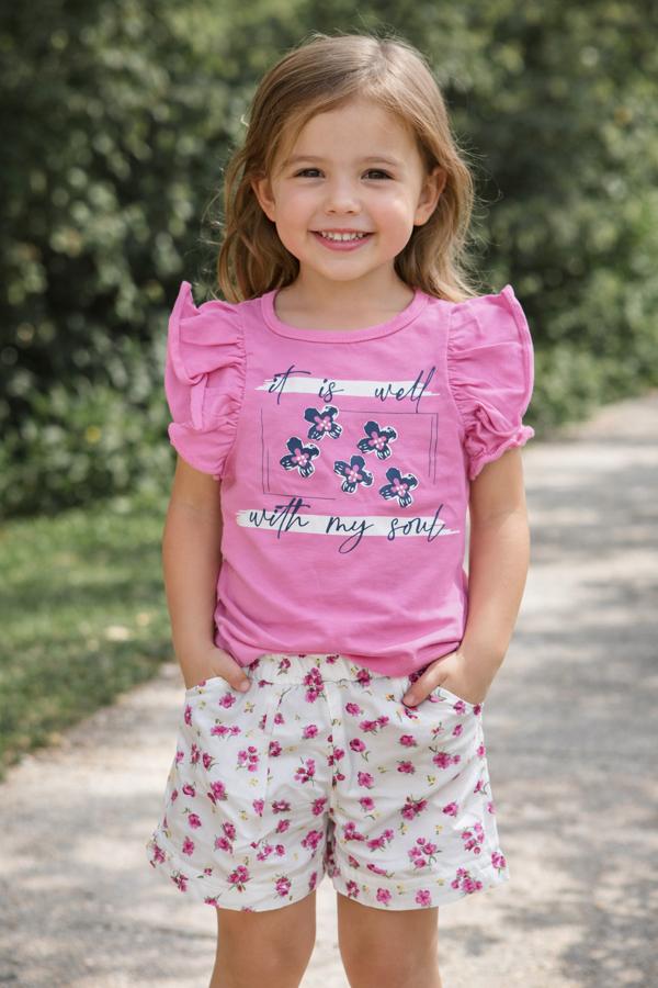 Çiçek desenli dokuma şortlu takım