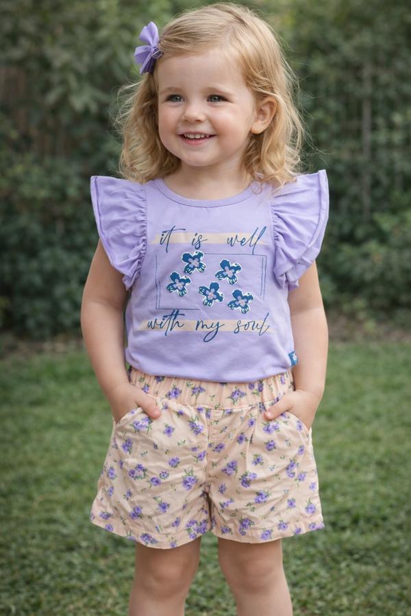 Çiçek desenli mor dokuma şortlu takım