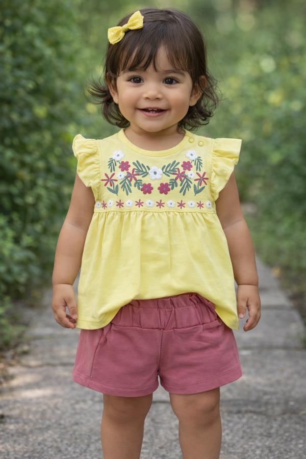 Çiçek işlemeli sarı bluzlu şortlu takım