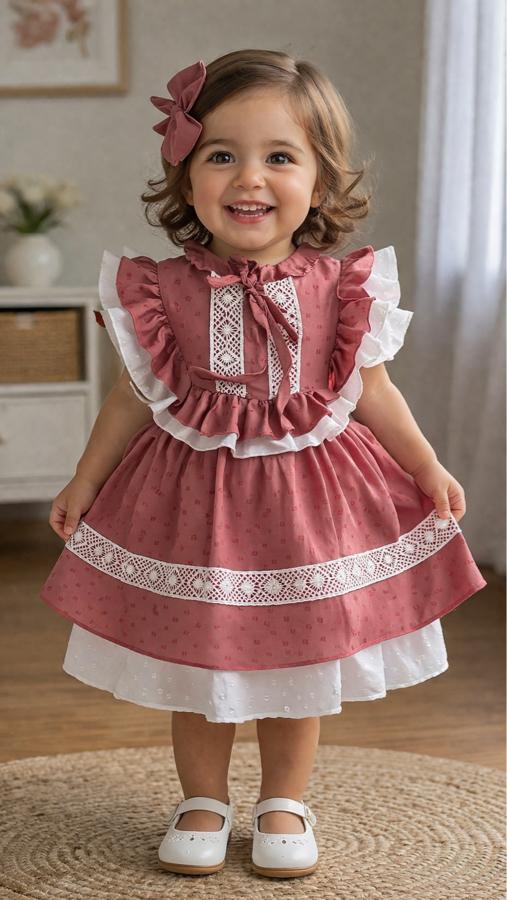 Fırfırlı ve dantel detaylı pembe elbise