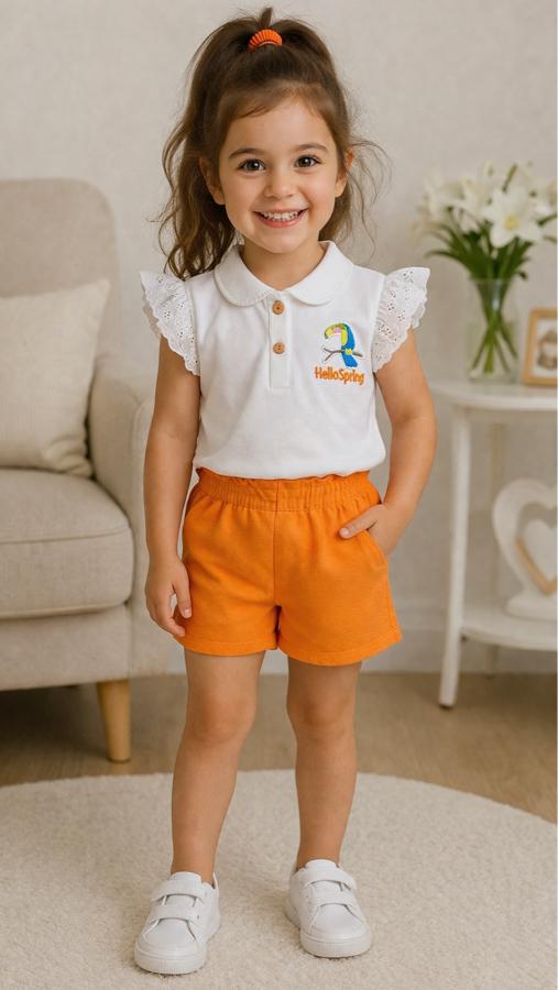 Fırfır detaylı beli lastikli şortlu takım