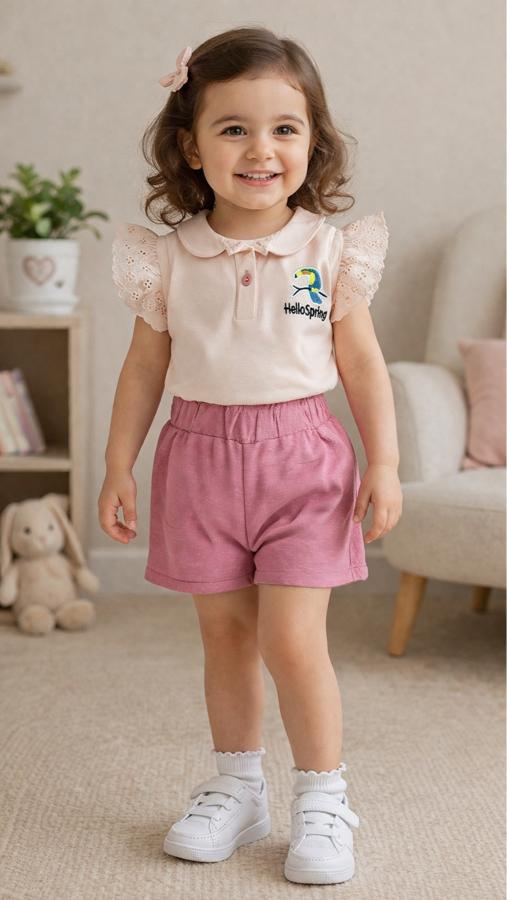 Nakışlı bebe yaka bluz gül kurusu şortlu takım