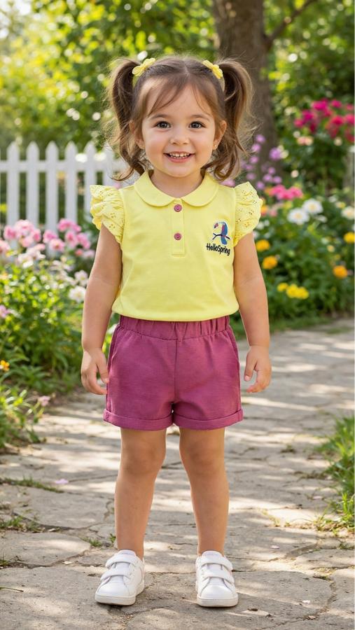 Sarı bir polo yaka tişört mor şortlu takım