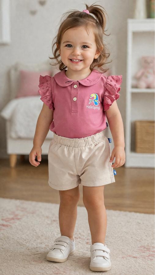 Papağan nakışlı kız bebek şortlu takım