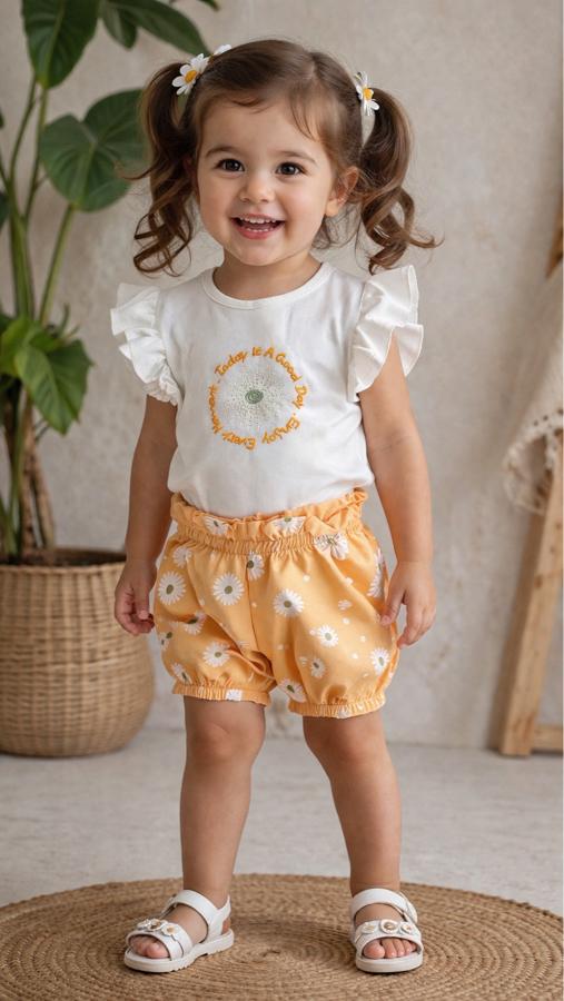 Çiçek desenli tişört ve şortlu takım