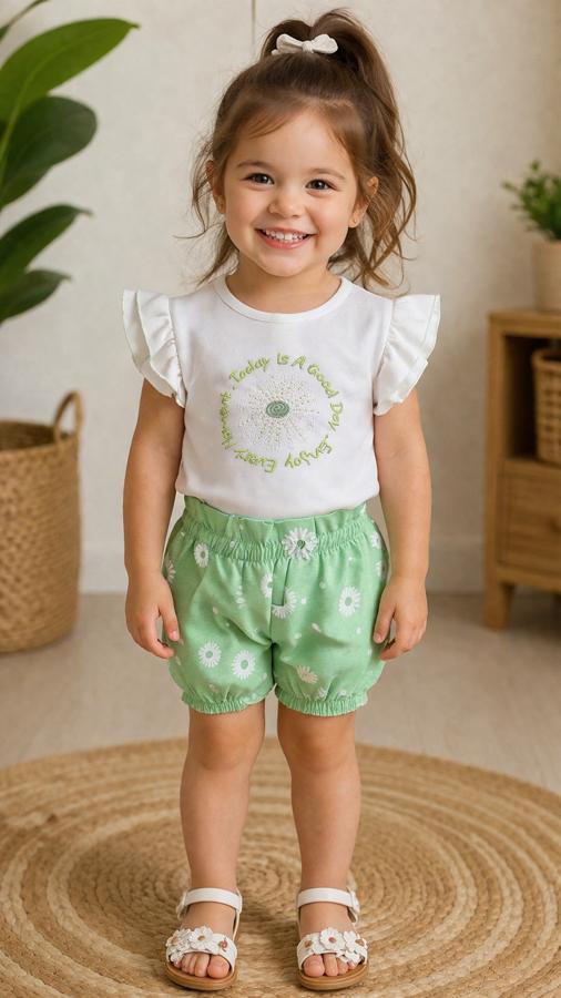 Papatya desenli yeşil şortlu takım