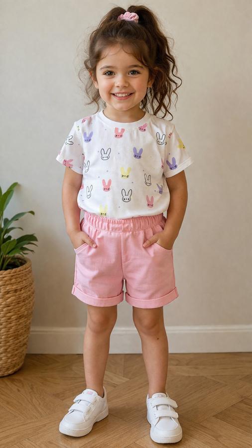 Minik tavşan kulaklar desen keten şortlu takım