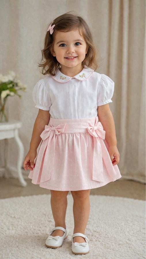 Çiçek işlemeli beyaz üst pembe kurdele detaylı etekli takım