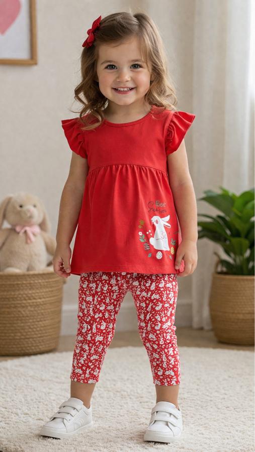 Tavşan desenli kırmızı taytlı bebek takım