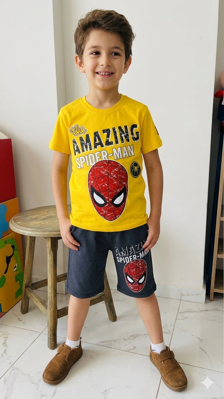 7-8-9 yaş spıderman baskılı şortlu takım