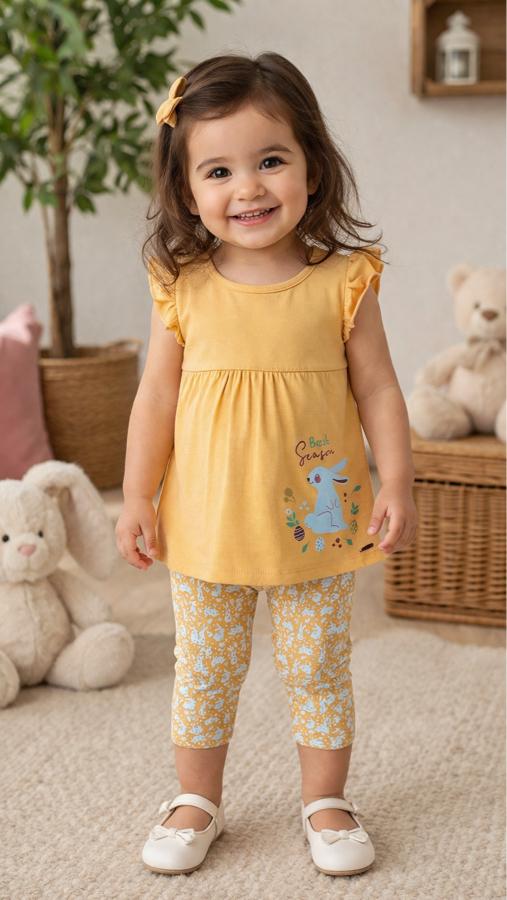 Tavşan desenli sarı taytlı bebek takım
