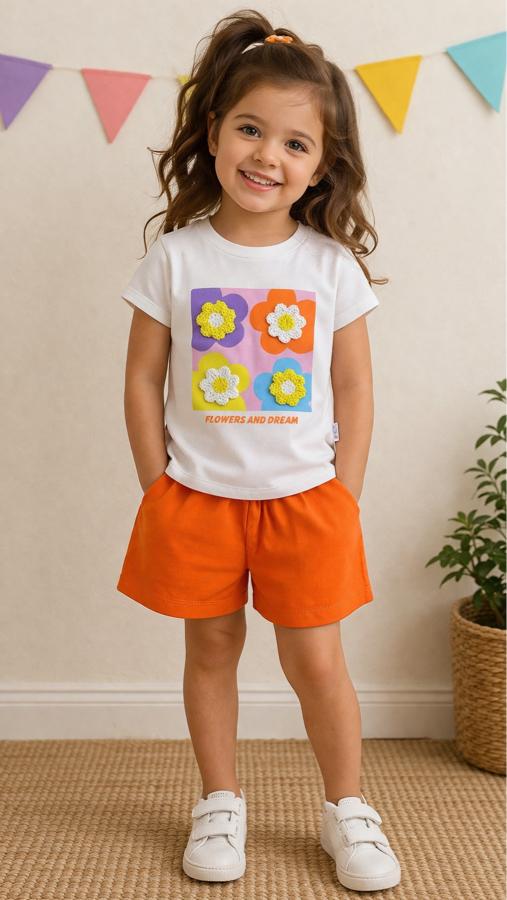 Çiçek desenli grafikli beyaz tişört şortlu takım