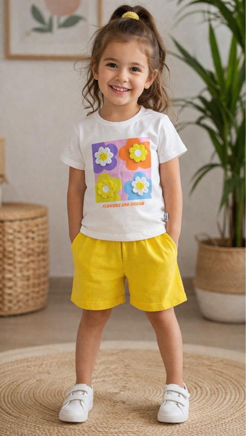 Renkli çiçek motifli beyaz tişört pamuklu şortlu takım