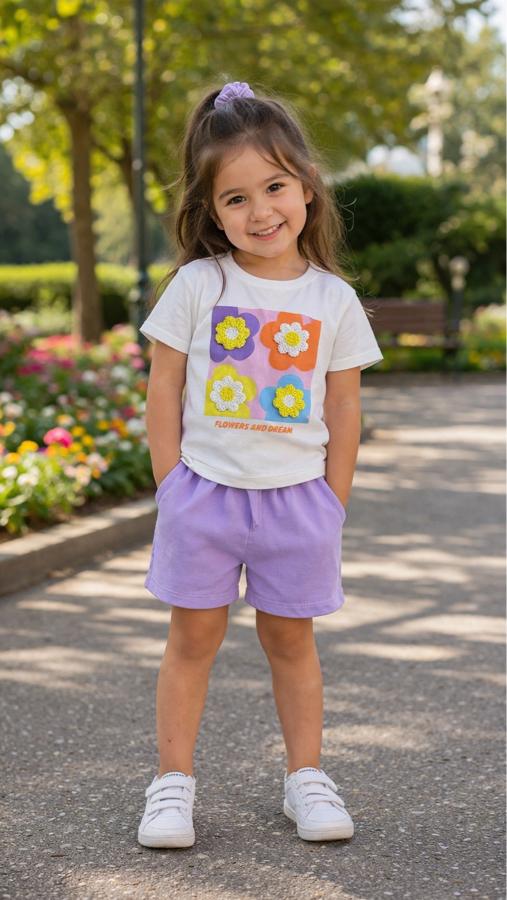 Lila renkli çiçek baskılı şortlu takım
