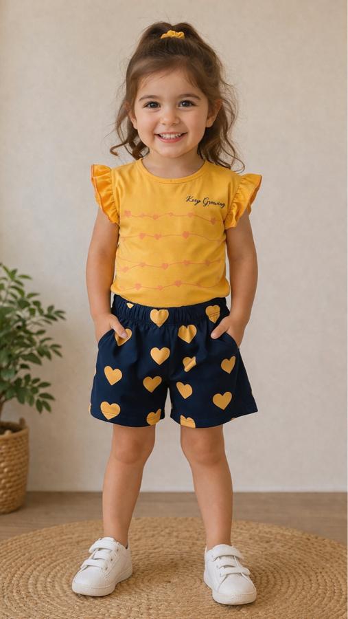 Kalp desenli lacivert şort sarı bluzlu takım