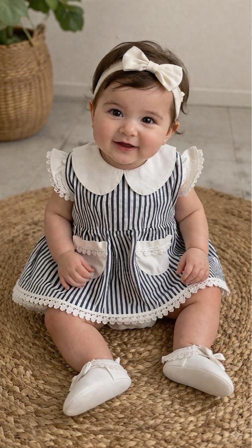 Beyaz dantel detaylı çizgili beyaz elbise